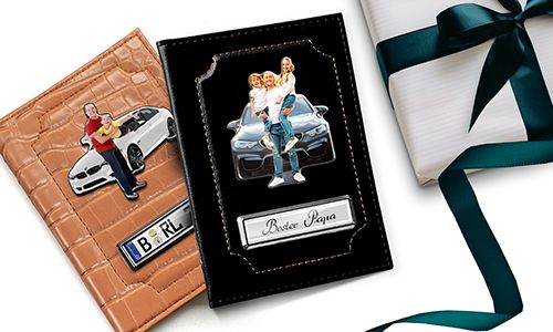 Car document holder with photo and license plate for your dad