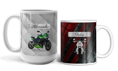 Unique mug with photo of motorcycle and customer's name