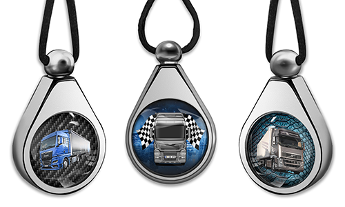 Features stainless-steel perfume pendants personalized for truck enthusiasts