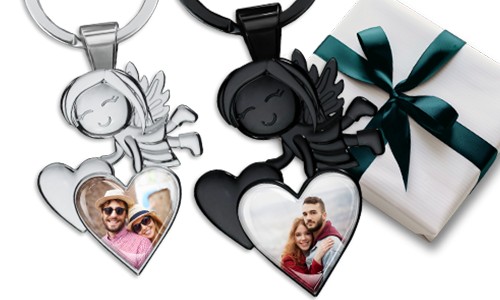 Guardian angel keychain with photo of husband in a heart