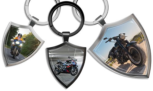 Porte-clés en forme de bouclier avec votre photo de moto