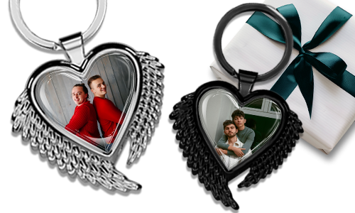 Heart-shaped keychain with wings and a photo of your brother