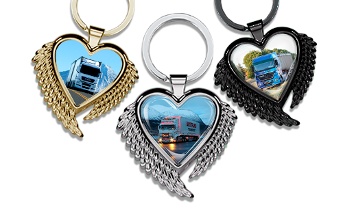 Heart-shaped keychain with wings and a photo of your truck