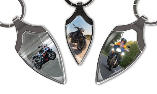 Narrow sheild keychain with motorcycle photo