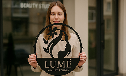 Modern metal sign featuring personalized company logo