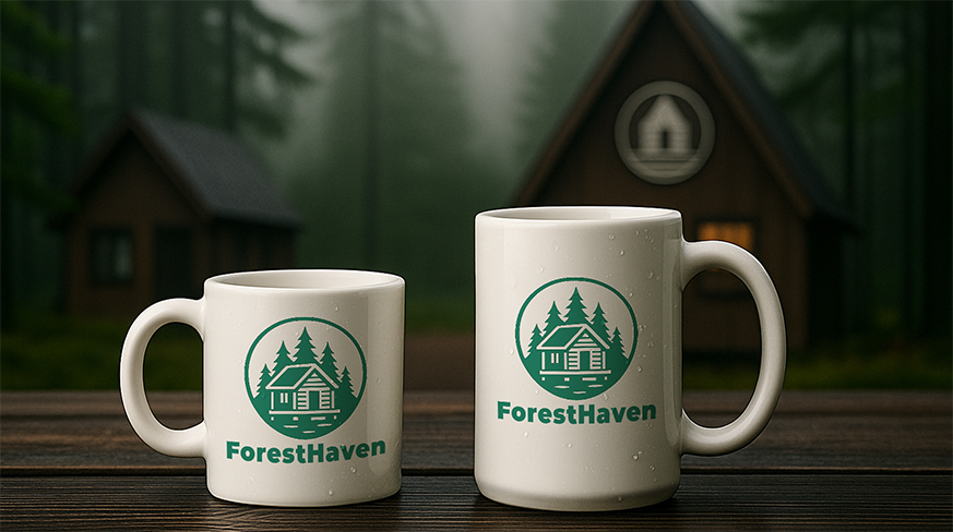 Deux mugs ForestHaven sur surface en bois avec cabanes dans la forêt en fond brumeux