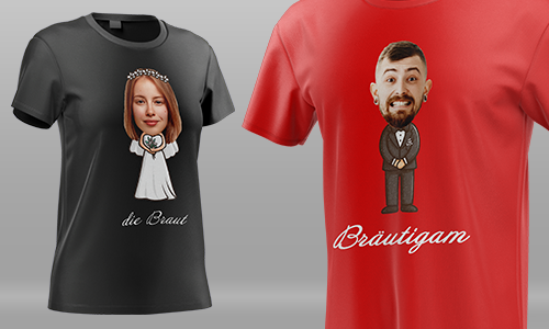 Deux T-shirts de mariage – dessin de mariée avec « la mariée » et marié avec « le marié » en gras.