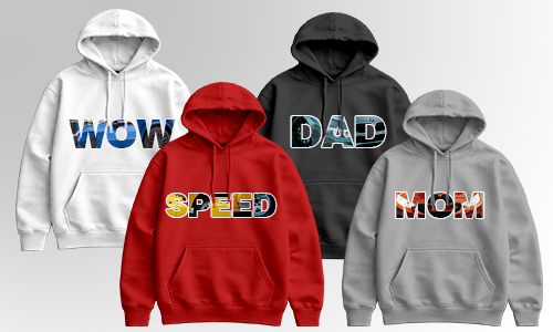Vier Hoodies im Halbkreis: Weiß WOW, Rot SPEED, Schwarz DAD, Grau MOM, bunte Schriftzüge auf Farbverlauf-Hintergrund