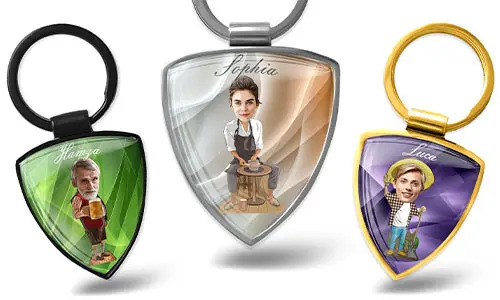 Individuele sleutelhanger schild – In stripstijl met jouw hobby of beroep