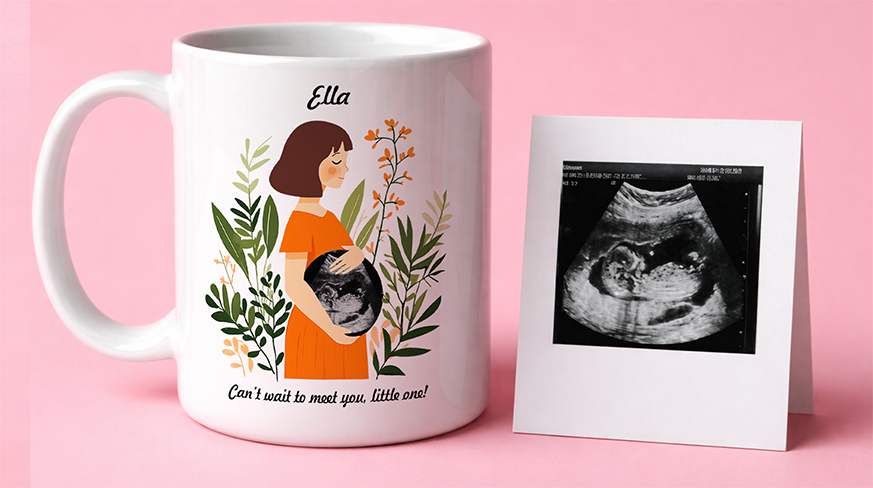 Mug with pregnant woman illustration, name Ella, ultrasound photo beside, pink background