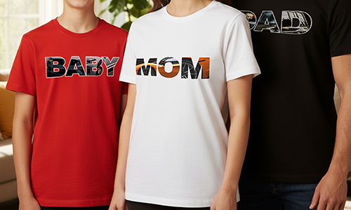 Drei Personen in T-Shirts: BABY in Rot, MOM in Weiß, DAD in Schwarz, große Schrift mit Mustern