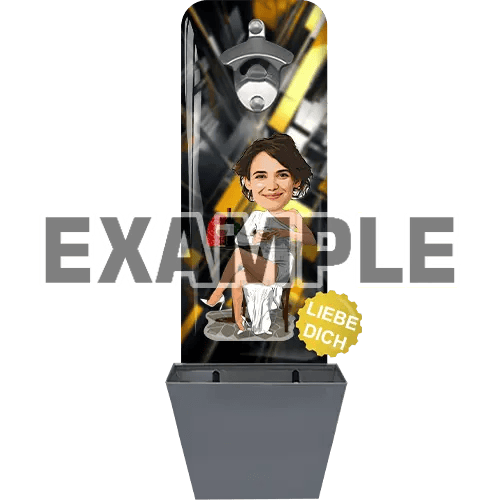 Gepersonaliseerde muurflessenopener met doppenvanger, in stripboekstijl, gemaakt met het gezicht van de klant.