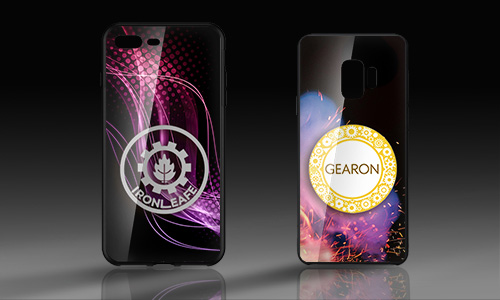 Stylish custom phone case with logo and purple black abstract design
