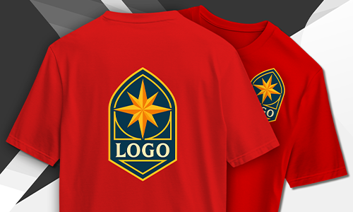 Two red personalized t-shirts with shield-shaped logo and yellow star above “LOGO” modern geometric background.