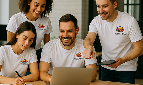 Four people wearing personalized white “WELLNESS” t-shirts with lotus logo collaborating around laptop in modern workspace.