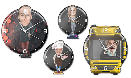 Four caricature wall clocks: left honeycomb with person, top casual smiling figure, bottom chef with cake, right yellow bus with driver
