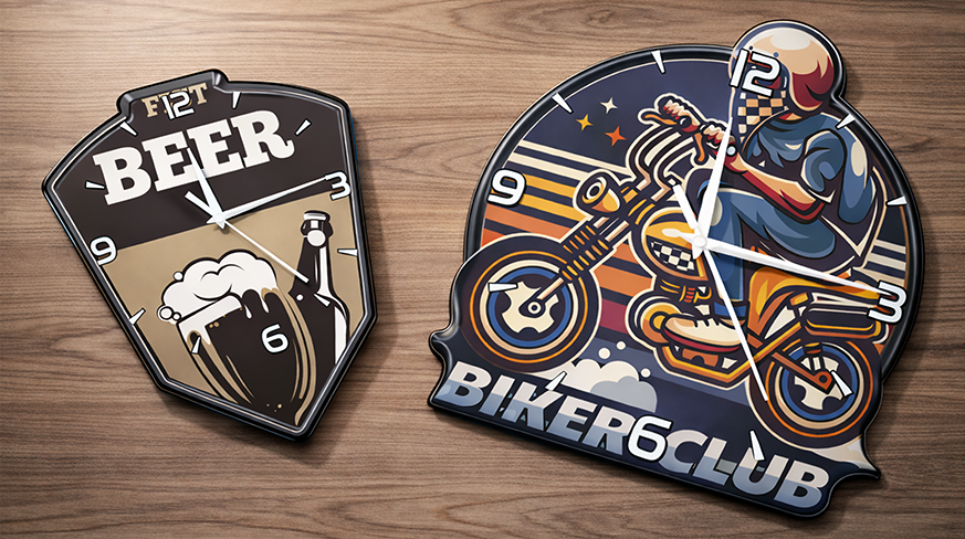Due orologi da parete decorativi: a sinistra con tema birra con testo BEER e tazza, a destra con tema motociclistico BIKER6CLUB