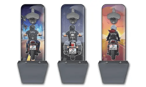 Abrebotellas de pared personalizado con moto y nombre