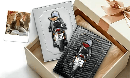 Personalised document holder for motorcycle with name and license plate - great gift for your wife