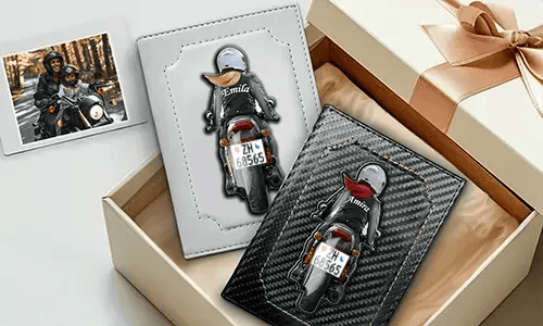 Vehicle registration document cover for motorcycle with mother's name and license plate number