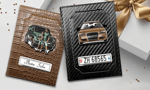 Car document holder with photo and license plate for your son