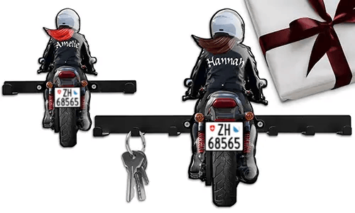 Motorfiets sleutelhanger voor aan de muur met de naam van je moeder en je kenteken