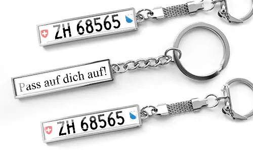Business style metal keychains with custom license plate text and engraved message design