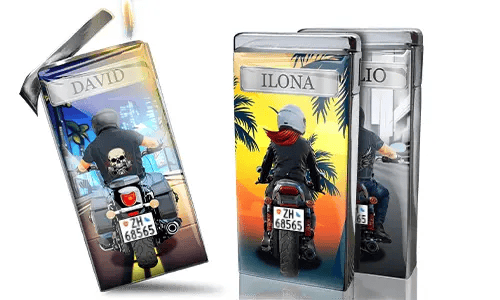 A custom lighter featuring motorcyclists. One side shows 