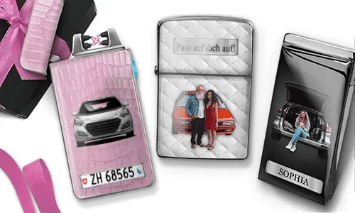 Two decorative electric lighters with car-themed family photos: pink with vintage white car and 