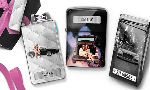 Drei personalisierte Feuerzeuge mit Auto-Motiven und den Namen „Luisa“ und „Emily“ sowie rosa Akzenten. Die Verpackung verleiht eine festliche Stimmung.