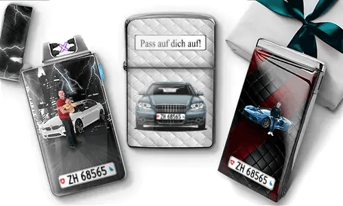 Personalized car lighters with dad photos, vehicles, license plates, and “Hab dich lieb, Papa!” design