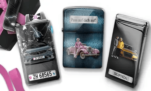 Three personalized stainless steel lighters featuring custom grandma photos, cars, and heartfelt messages