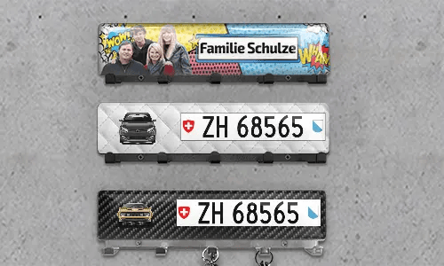 Porte-clés mural de luxe - Plaque d'immatriculation avec silhouettes de voiture - Chrome