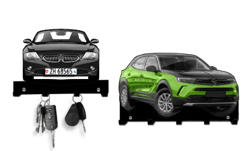 Zwei schlüsselförmige Halter in Autoform: roter Sedan und grün-schwarzer SUV, beide mit Haken für Schlüssel