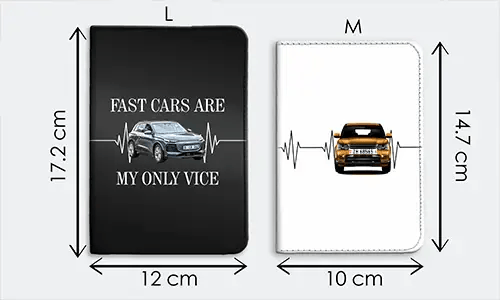 Dos fundas para cuadernos L y M: Negra 17,2x12 cm con coche y cita FAST CARS, blanca 14,7x10 cm solo con gráfico de coche