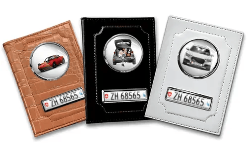 Personalized car documents holder for wife in black, white and brown leather
