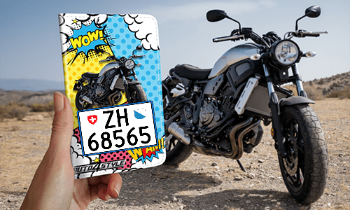 auto hülle Comic 1 mit Motorrad auf dem Hintergrund autopapiere etui