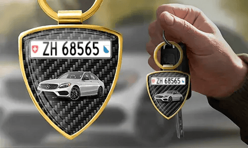 Shield photo keychain with custom car photo and license plate