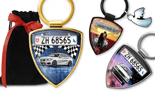 Shield photo keychains with personalized car designs