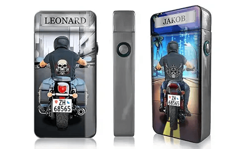 Two rectangular biker-themed devices show motorcyclists from behind. Each biker wears a skull-print shirt and rides on an urban road. Names 