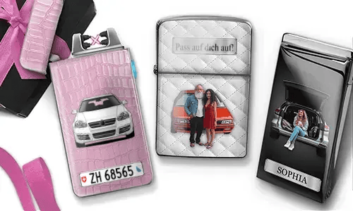 Two custom car-themed lighters featuring personalized family photos and unique designs