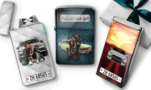 Three personalized stainless steel lighters featuring custom cars, a couple, romantic designs, and license plate details
