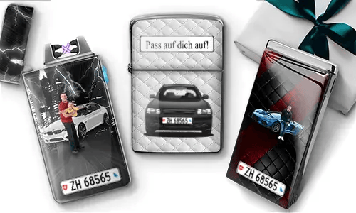 Three personalized car lighters with custom photos, license plates, and unique automotive designs.