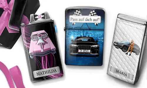 Three personalized stainless steel lighters featuring custom car designs, women, names, and license plate details