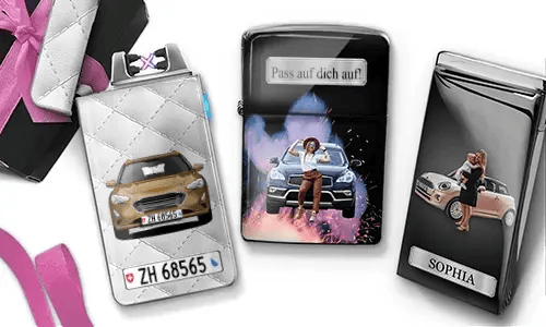 Three personalized lighters with custom mother photos, cars, license plate, and “Beste Mama” designs.