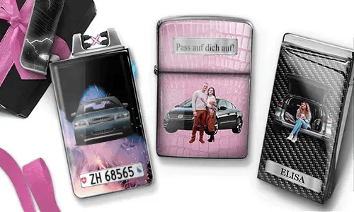 Three custom lighters with romantic car-themed designs: woman in trunk, couple in front of car, carbon-style car