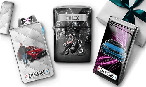 Three personalized lighters with custom names, photos, cars, motorcycle, and license plate designs.