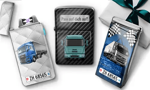 Three personalized truck-themed lighters with custom truck designs and license plates