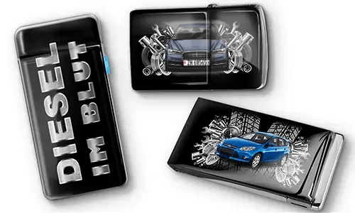 Three black car-themed lighters with metallic accents. One has 