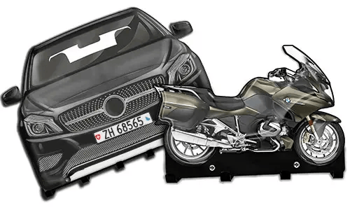 Cardboard cutouts of a black car and metallic motorcycle on stands, used for display or training